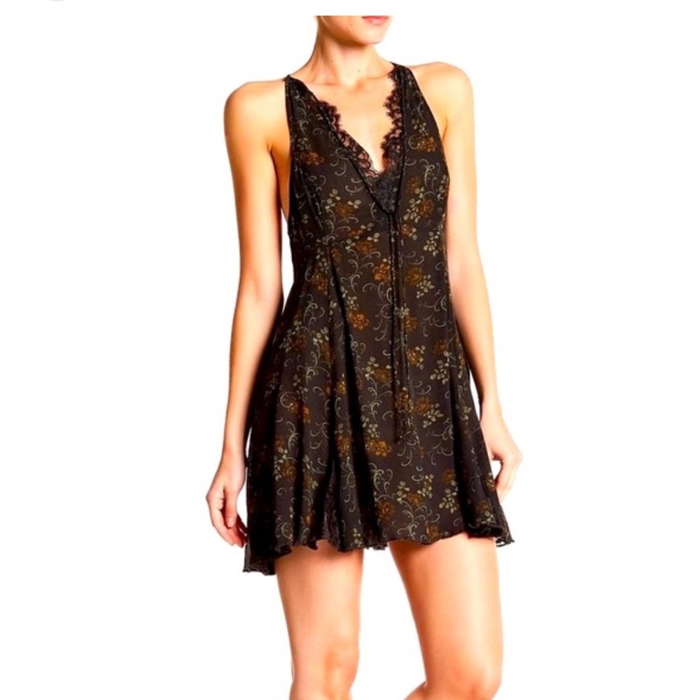 Intimately Free People Floral Lace Racerback Slip Dress Black Brown Medium
